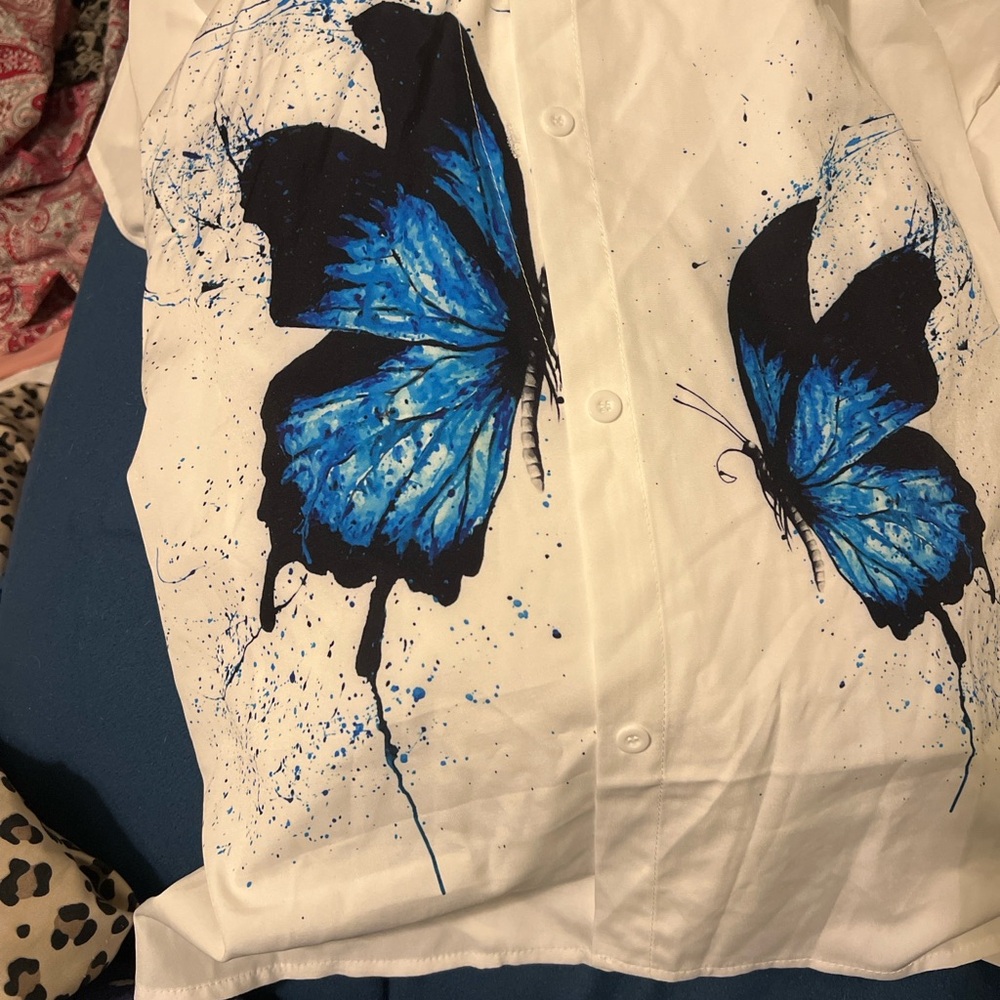White Shirt with Blue Butterfly Print